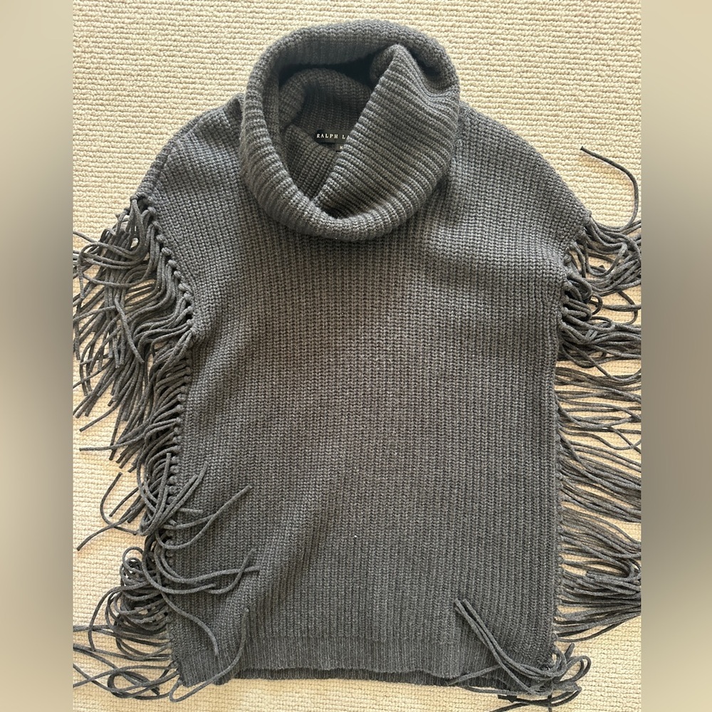 Ralph Lauren Charcoal Turtleneck Fringe Knit Sweater - Picture 1 of 6